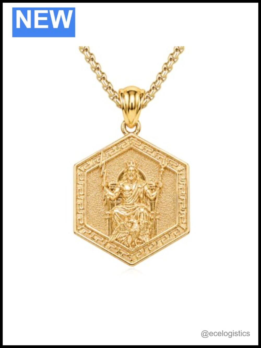 14k Gold Plated Greek Zeus Pendant Necklace 22+2 in Stainless Steel Chain